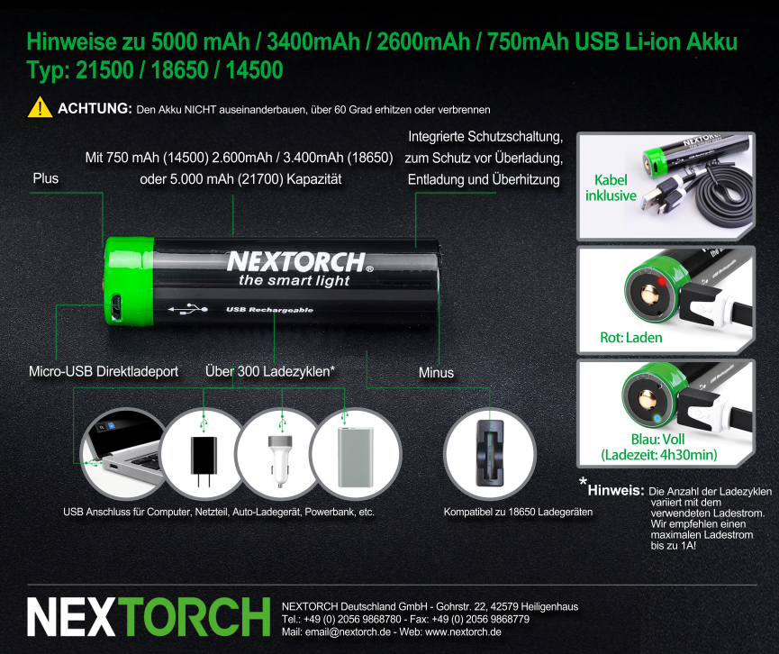 NEXTORCH DC20045B Akku 21700 USB Lithium-Ion (Li-Ion) 3.6V 4.800mAh