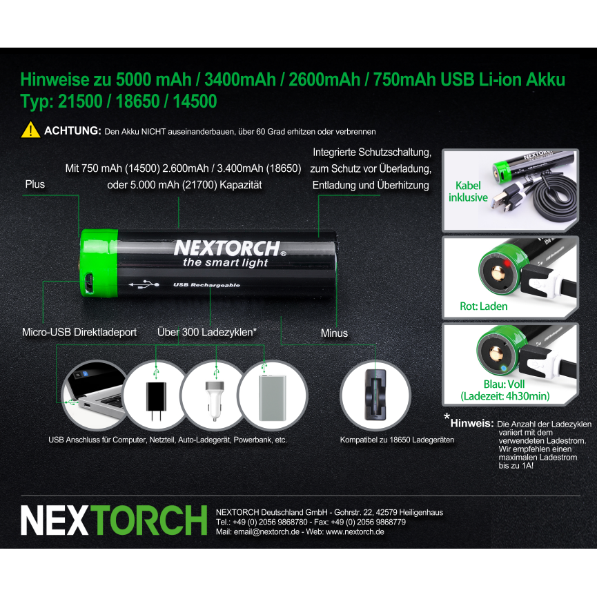 NEXTORCH DC20045B Akku 21700 USB Lithium-Ion (Li-Ion) 3.6V 4.800mAh
