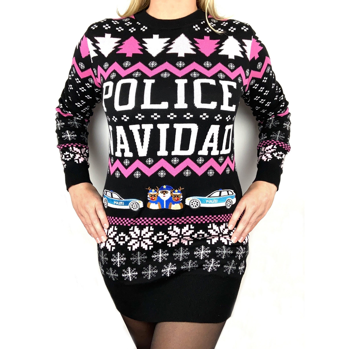 Pink Police Navidad Xmas sweater dress
